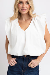 KARLIE SOLID POPLIN V NECK BUBBLE TOP