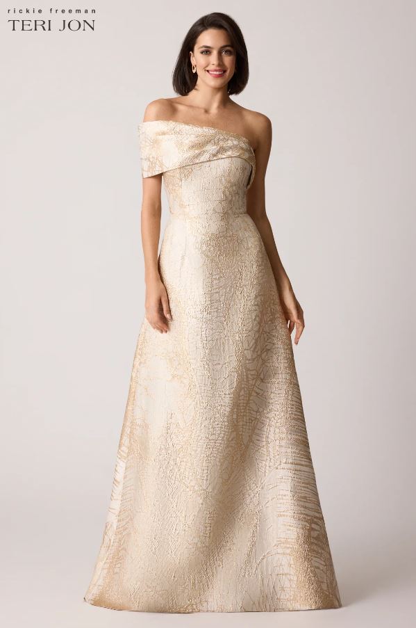 teri jon one shoulder dress Teri Jon Jacquard Side Ruffle One Shoulder Gown
