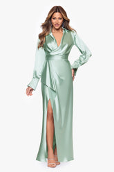 XSCAPE LONG SLEEVE DRAPE FRONT GOWN