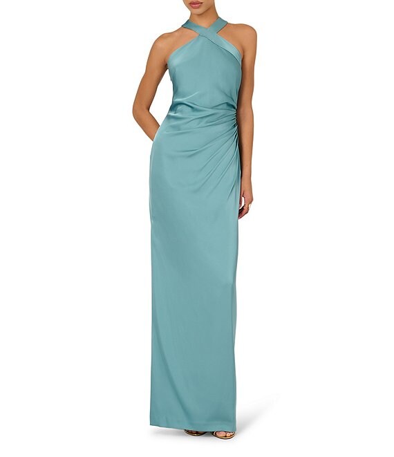 adrianna papell dresses green Womens Adrianna Papell Blue Stretch Satin Long Dress US 6