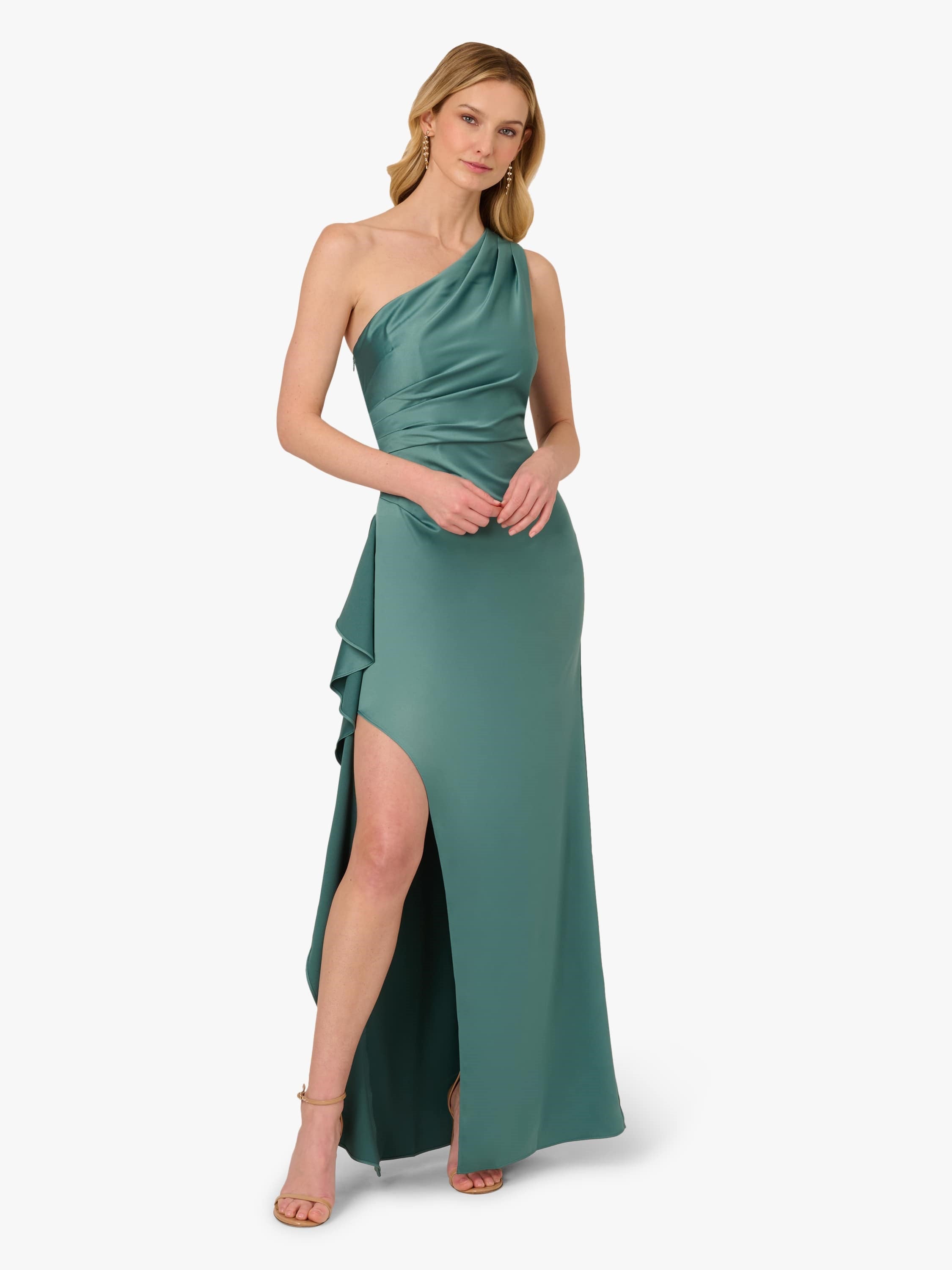 Adrianna Papell Green One Shoulder Satin Crepe Gown US 6 Womens