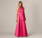 ADRIANNA PAPELL V NECK MOCK COLLAR BELTED GOWN