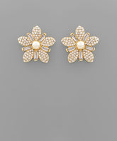 GS PAVE & PEARL FLOWER EARRING