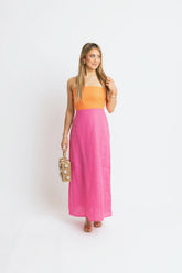 KARLIE COLORBLOCK LINEN BUSTIER MAXI DRESS