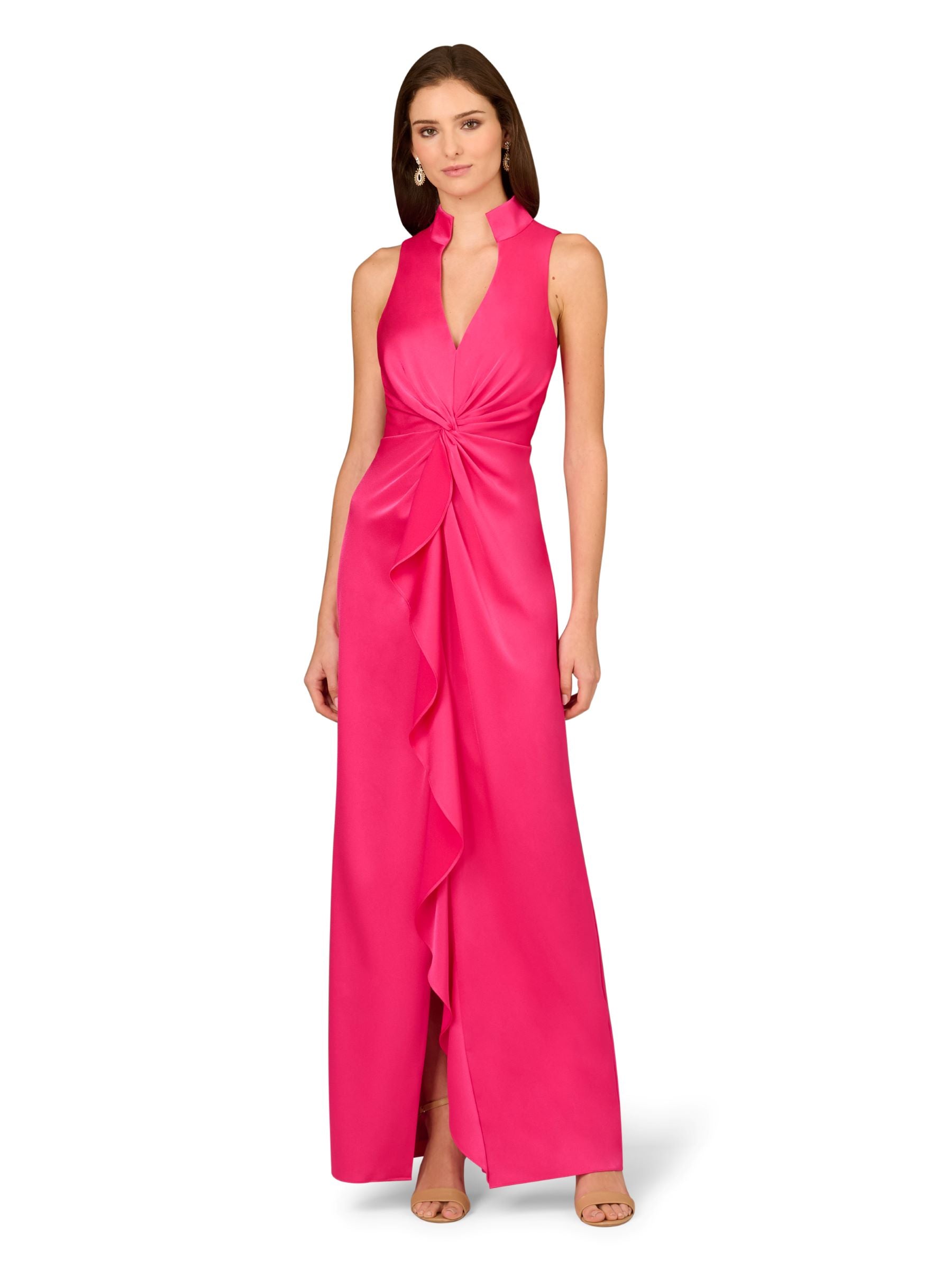 Aidan Mattox Satin V-Neck Twist Front with Cascading Ruffle Mother of the Bride Dress , Womens, 12, Hot Pink Aidan Mattox Satin V-Neck Twist Front with Cascading Ruffle Mother of the Bride Dress , Womens, 12, Hot Pink