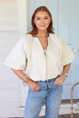 KARLIE POPLIN BUBBLE TIE 3/4 SLV TOP