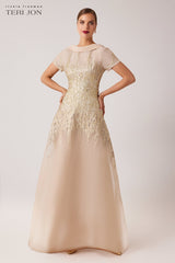 TERI JON ROLL NECK CAP SLEEVE METALLIC GOWN