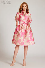 TERI JON PUFF SLEEVE ABSTRACT COCKTAIL DRESS