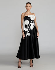 MAC DUGGAL STRAPLESS SATIN 3D FLORAL MIDI