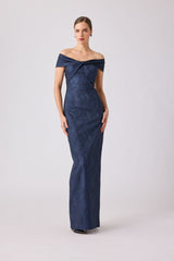 TERI JON SHIMMER JACQUARD OFF SHOULDER GOWN