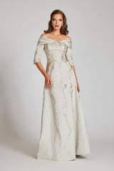TERI JON FOLDED OFF SHOULDER JACQUARD GOWN