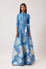 TERI JON EMBOSSED FLORAL SHIRT WAIST GOWN