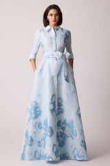 TERI JON EMBOSSED FLORAL SHIRT WAIST GOWN