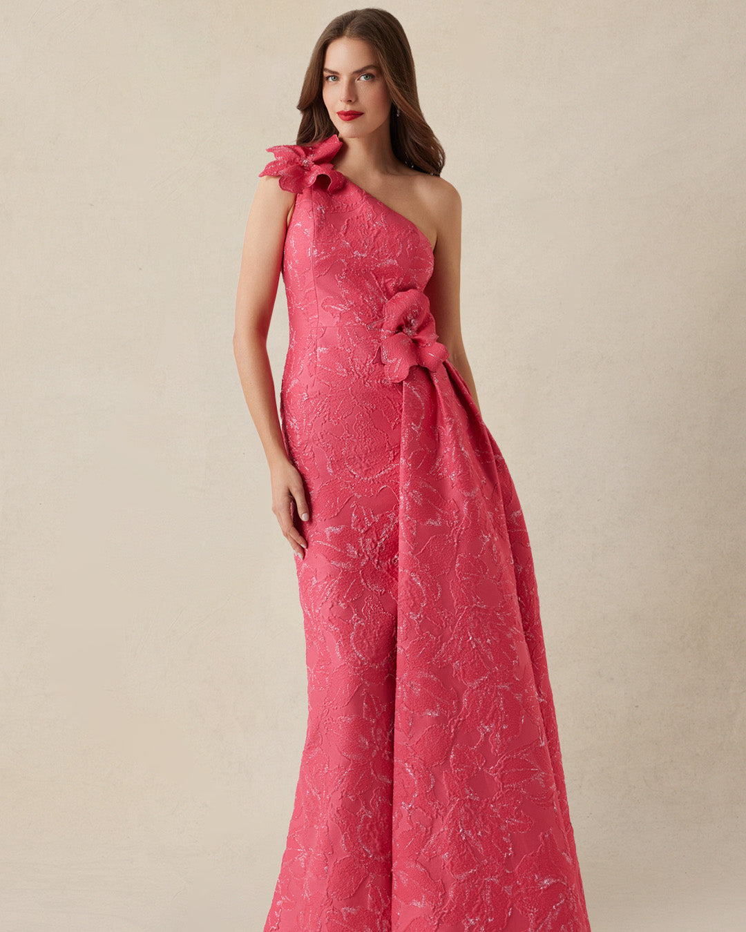TERI JON ONE SHOULDER GOWN WITH FLOWER