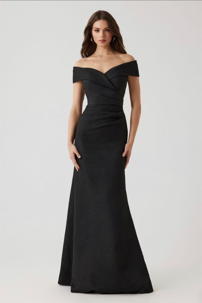 TERI JON OFF SHOULDER COLUMN JACQUARD GOWN