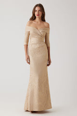 TERI JON OFF SHOULDER 3/4 SLEEVE GOWN