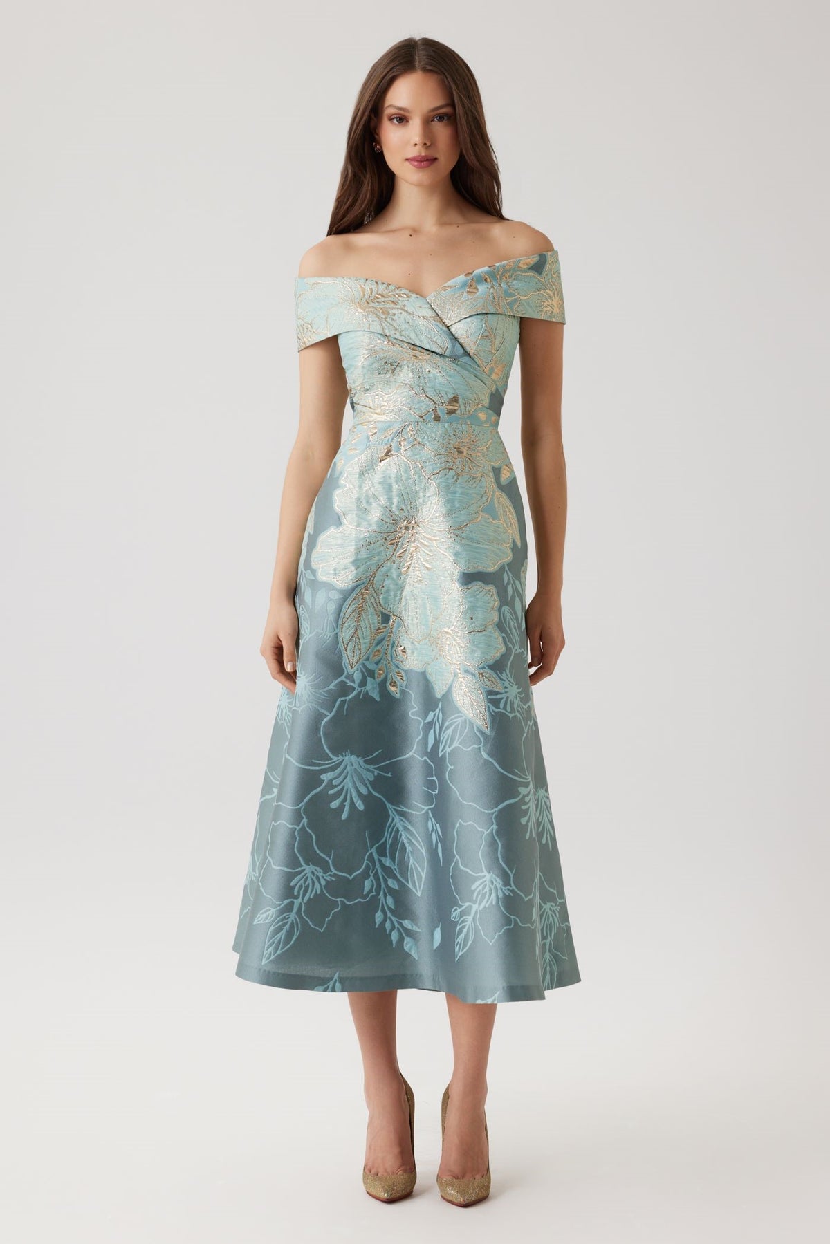 TERI JON OFF SHOULDER COCKTAIL JACQUARD DRESS