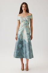 TERI JON OFF SHOULDER COCKTAIL JACQUARD DRESS