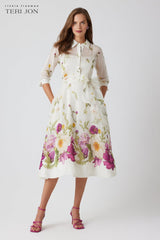TERI JON SILK & LINEN SHIRT WAIST GOWN