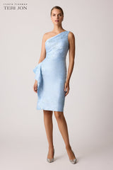 TERI JON JACQUARD ONE SHOULDER RUFFLE DRESS