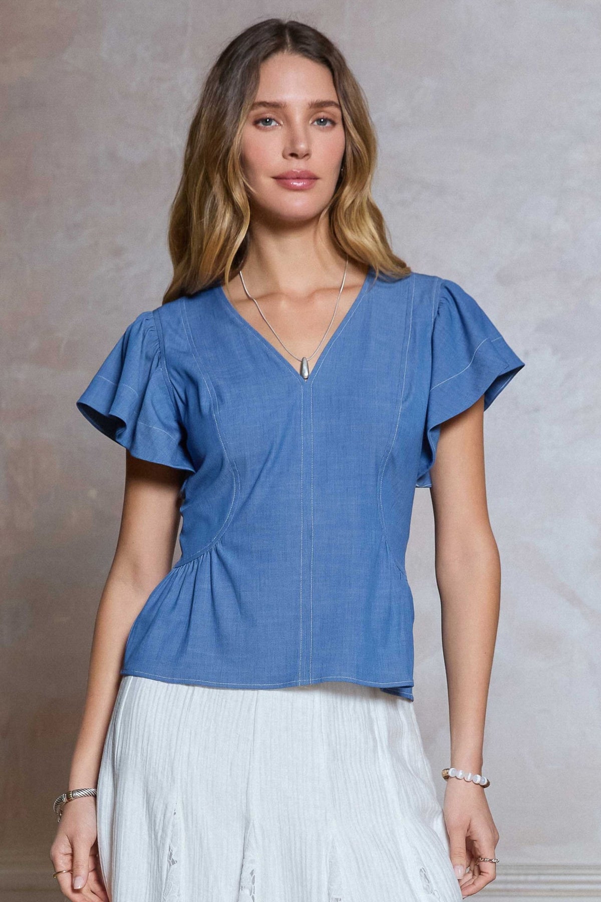 CURRENT AIR SHORT SLEEVE VNECK ZIPPER BLOUSE