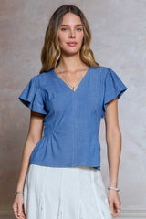 CURRENT AIR SHORT SLEEVE VNECK ZIPPER BLOUSE