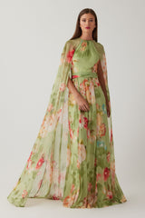 TERI JON PRINTED CHIFFON CAPE GOWN