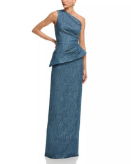 TERI JON PEBBLE JACQUARD ONE SHOULDER GOWN