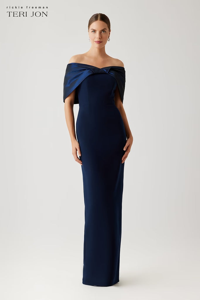 Crepe Gown With Taffeta Off The Shoulder Twist And Back Drape