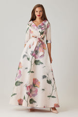 TERI JON NOTCHED COLLAR PRINTED GOWN