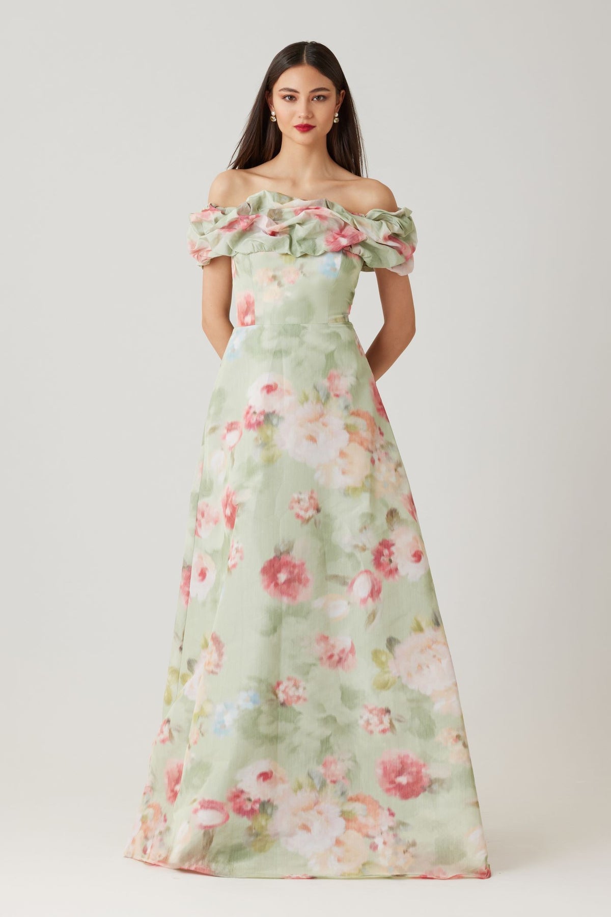 TERI JON SCRUNCH SHOULDER PRINT GOWN
