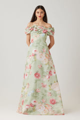 TERI JON SCRUNCH SHOULDER PRINT GOWN