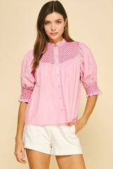 PINCH EMBROIDERED BUTTON DOWN BLOUSE TOP