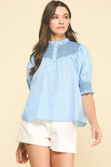 PINCH EMBROIDERED BUTTON DOWN BLOUSE TOP
