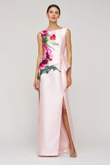 KAY UNGER LUCIANA COLUMN GOWN SIDE FLORAL