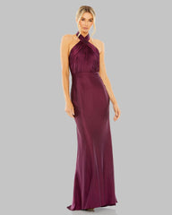 MAC DUGGAL SATIN PLEATED HALTER GOWN