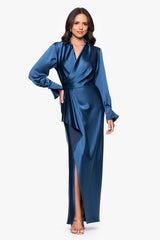 XSCAPE LONG SLEEVE DRAPE FRONT GOWN