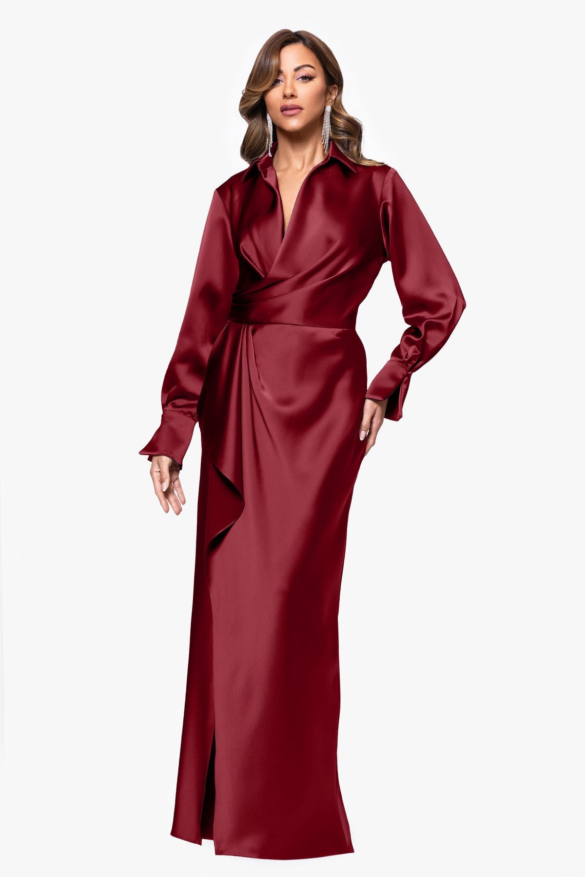XSCAPE LONG SLEEVE DRAPE FRONT GOWN