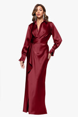 XSCAPE LONG SLEEVE DRAPE FRONT GOWN