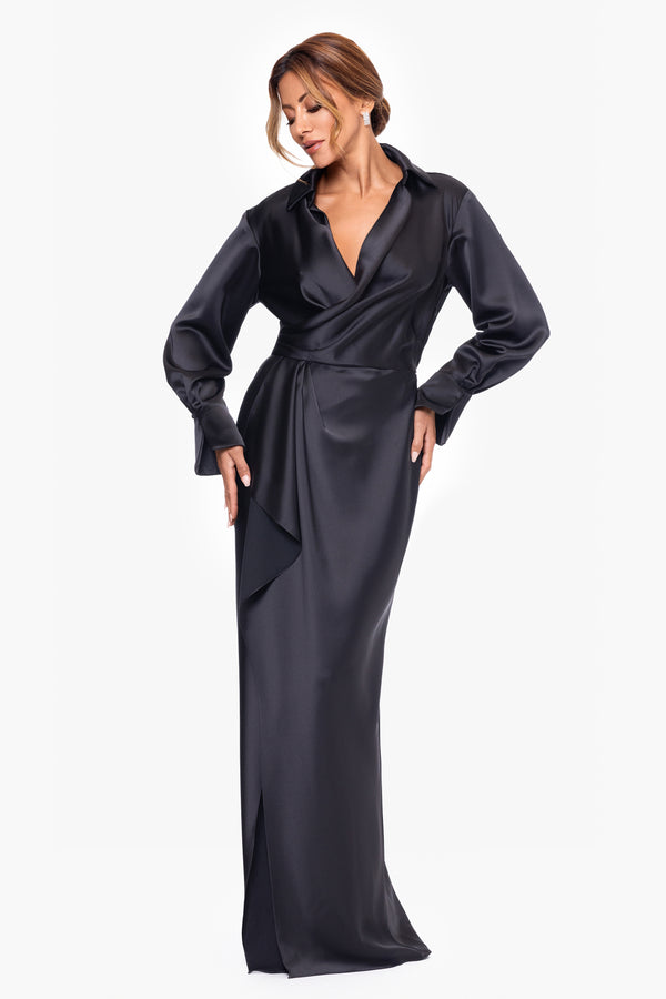 XSCAPE LONG SLEEVE DRAPE FRONT GOWN