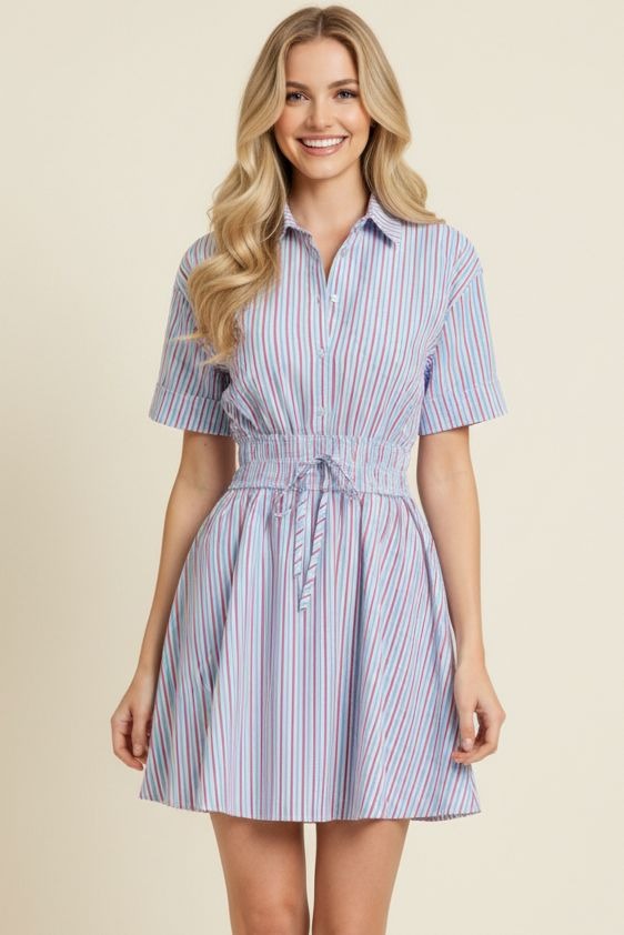 PINCH STRIPED A LINE BUTTON DOWN MINI DRESS