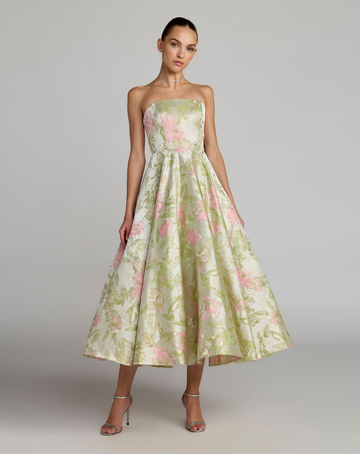 MAC DUGGAL STRAPLESS BROCADE SWING SKIRT DRESS