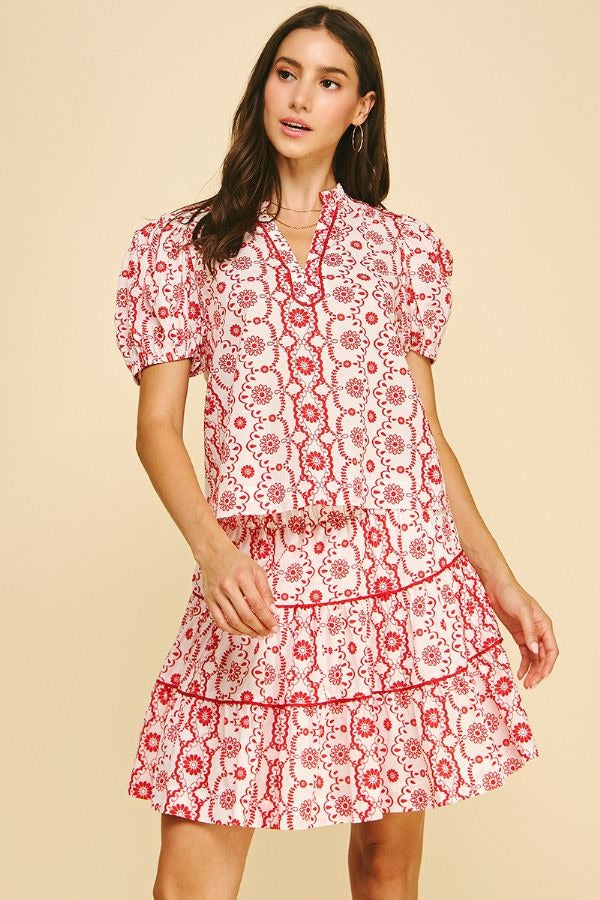 PINCH GEOMETRIC FLORAL PRINT PUFFED SLEEVE BLOUSE