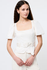 FRENCH CONNECTION SATEEN WEAVE PUFF SLEEVE TOP