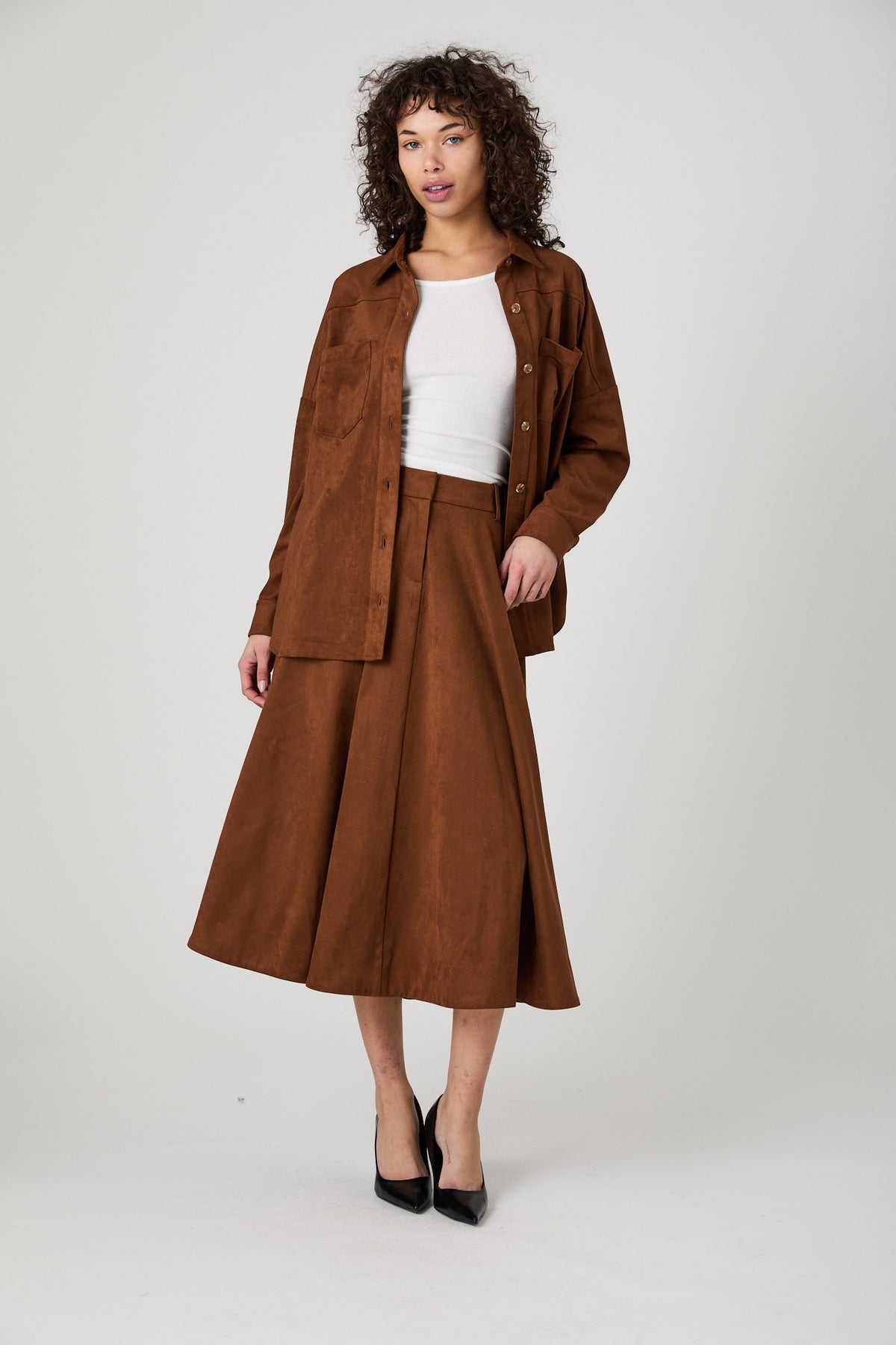 FRENCH CONNECTION SONJA SUEDE FLARE MIDI SKIRT