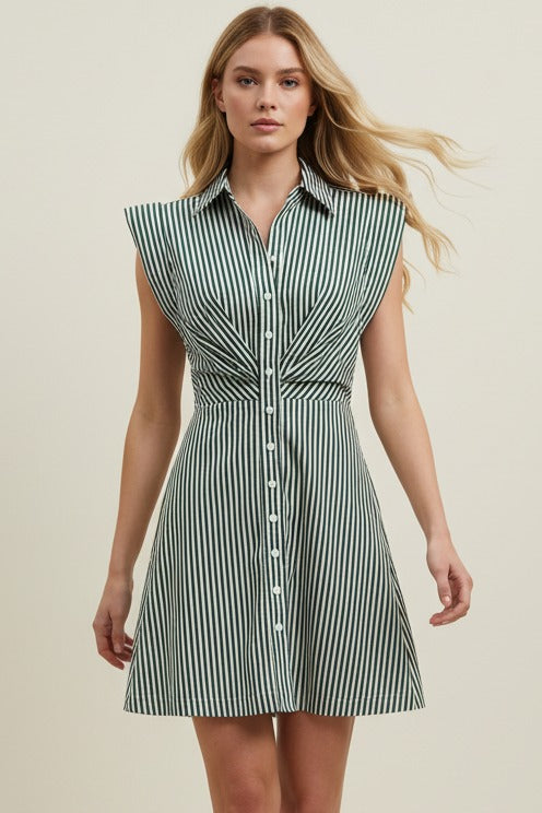 PINCH STRIPE CAP SLEEVE BUTTON DOWN MINI DRESS