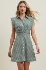 PINCH STRIPE CAP SLEEVE BUTTON DOWN MINI DRESS