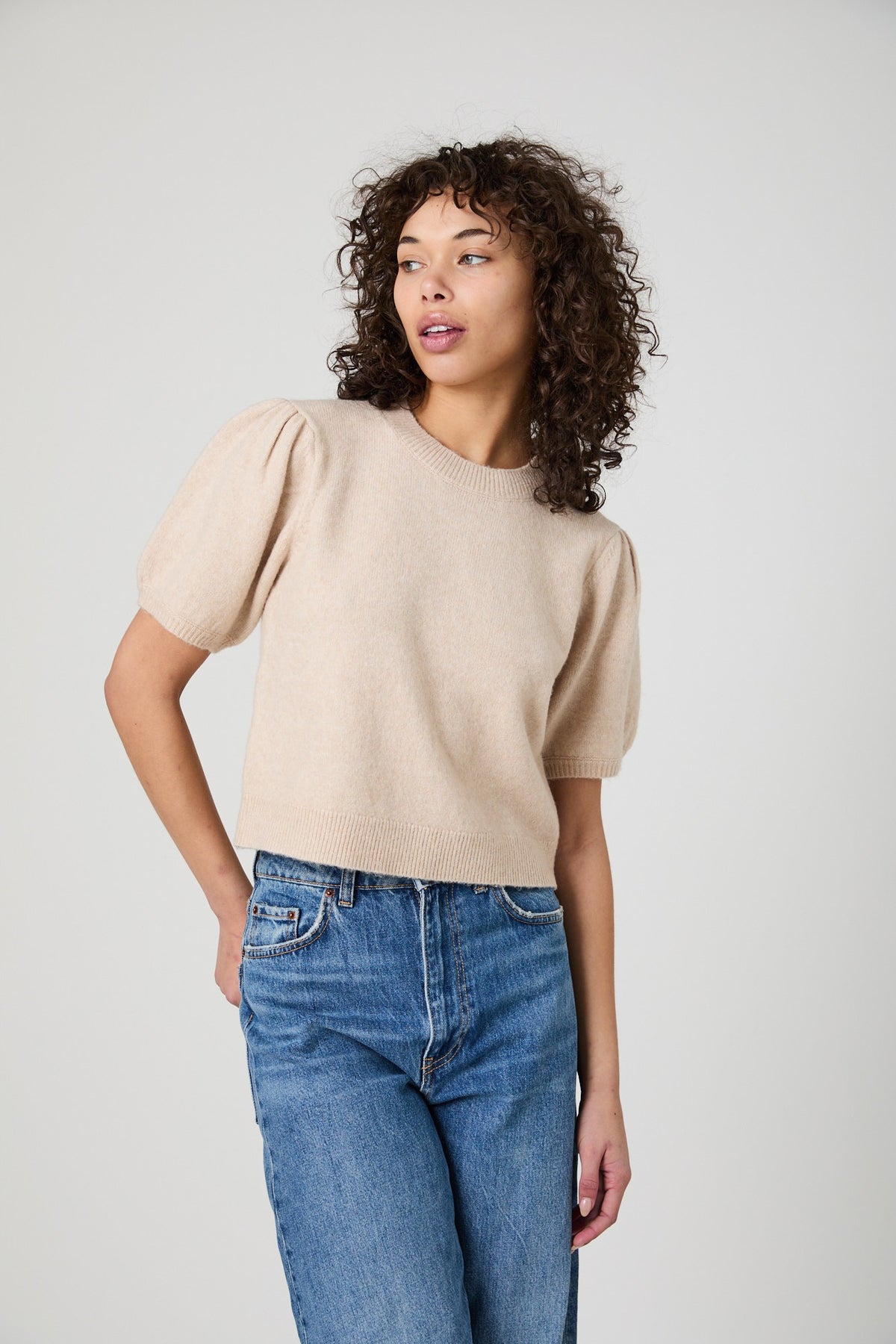 FRENCH CONNECTION YULIA KNIT PUFF SLEEVE TOP