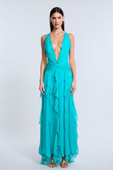 BCBGMAXAZRIA RUFFLE HALTER CHIFFON GOWN