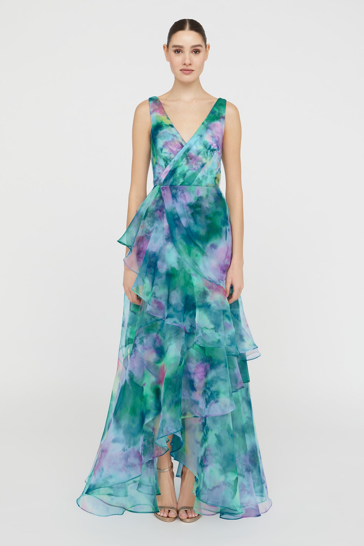 THEIA KAREN ORGANZA V NECK GOWN 8 / AQUATIC BLOOMS THEIA KAREN ORGANZA V NECK GOWN 8 / AQUATIC BLOOMS